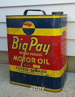 Rare Vintage 2 Gallon Big Pay Vacuum Process Motor Oil Can, XLNT Color