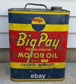 Rare Vintage 2 Gallon Big Pay Vacuum Process Motor Oil Can, XLNT Color