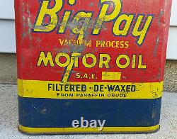 Rare Vintage 2 Gallon Big Pay Vacuum Process Motor Oil Can, XLNT Color