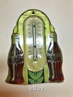 Rare Vintage Circa 1940s Coca Cola Double Bottle Tin Wall Thermometer, 8
