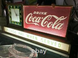 Rare Vintage Coca Cola Fountain Shop Light up Clock PLEASE PAY WHEN SERVED