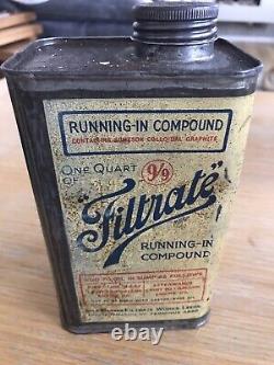Rare Vintage Filtrate Running Compound Oils Quart Tin Can Automobilia Motoring