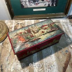 Rare Vintage Huntley & Palmer Biscuit Tin Scenic Design with Gold Accents, 1900s