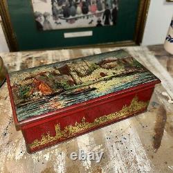 Rare Vintage Huntley & Palmer Biscuit Tin Scenic Design with Gold Accents, 1900s