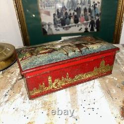 Rare Vintage Huntley & Palmer Biscuit Tin Scenic Design with Gold Accents, 1900s