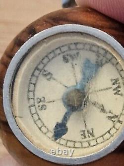 Rare! Vintage Israel Airlines El Al Advertising Olive Wood Keychain & Compass