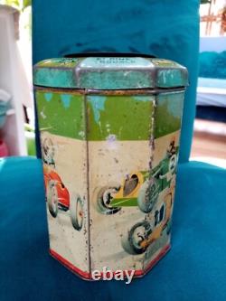 Rare Vintage Octagonal Tin With Spinner Game And Racing Cars 1930's