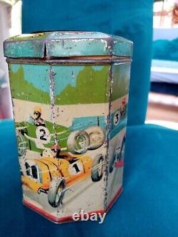 Rare Vintage Octagonal Tin With Spinner Game And Racing Cars 1930's
