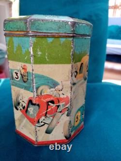 Rare Vintage Octagonal Tin With Spinner Game And Racing Cars 1930's