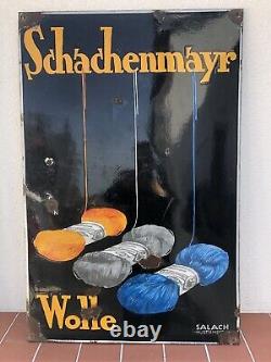 Rare Vintage Old Original 1930s Schachenmayr Wolle Wool Enamel Sign
