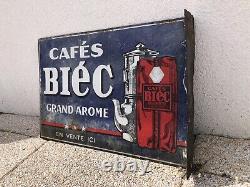 Rare Vintage Old Original 30s Cafes Biec Coffee Enamel Double Sided Enamel Sign