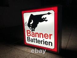 Rare Vintage Old Original 80s Banner Battery Dealer Garage Light Sign Not Enamel