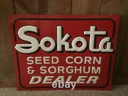 Rare Vintage Sokota Seed Corn and Sorghum Dealer Sign Hybrid Embossed Sign