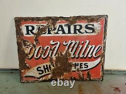 Rare Vintage Wood Milne Shoe Repairs Double Sided Enamel Side Lots Of Patina