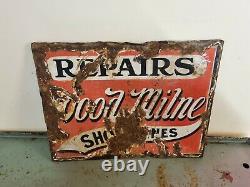 Rare Vintage Wood Milne Shoe Repairs Double Sided Enamel Side Lots Of Patina