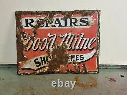 Rare Vintage Wood Milne Shoe Repairs Double Sided Enamel Side Lots Of Patina