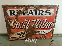 Rare Vintage Wood Milne Shoe Repairs Double Sided Enamel Side Lots Of Patina