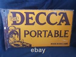 Rare Vintage'the Decca Portable' Double Sided Made In England Enamel Sign Board