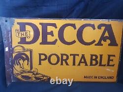 Rare Vintage'the Decca Portable' Double Sided Made In England Enamel Sign Board