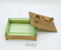 Rare Vtg Antique Uranium Vaseline Glass Cigarette Match Holder Box Sheep Animal