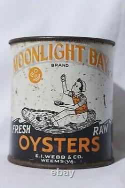 Rare Vtg Moonlight Bay Brand Fresh Raw Oysters Weems, VA 1 Pint Tin Can