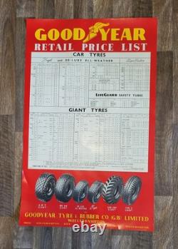 Rare vintage GB 1953 Good Year tyre Retail Price List 35 garage poster prop
