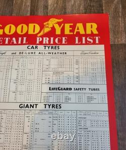 Rare vintage GB 1953 Good Year tyre Retail Price List 35 garage poster prop