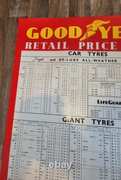 Rare vintage GB 1953 Good Year tyre Retail Price List 35 garage poster prop