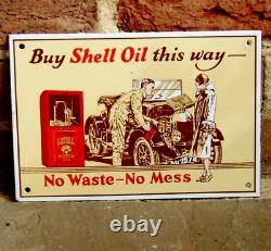 SHELL ENAMEL SIGN BUY SHELL OIL THIS WAY Original Garnier Rare Vintage Sign