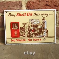 SHELL ENAMEL SIGN BUY SHELL OIL THIS WAY Original Garnier Rare Vintage Sign