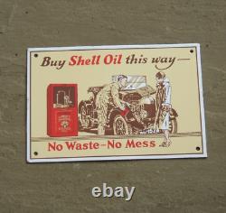 SHELL ENAMEL SIGN BUY SHELL OIL THIS WAY Original Garnier Rare Vintage Sign