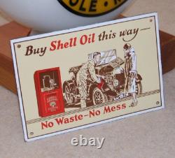 SHELL ENAMEL SIGN BUY SHELL OIL THIS WAY Original Garnier Rare Vintage Sign