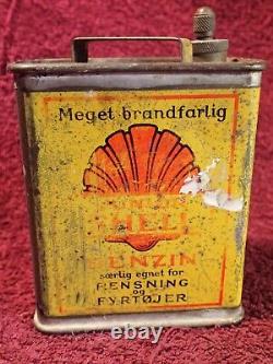 VERY RARE VINTAGE ANTIQUE SHELL BENZIN OIL CAN w ORIGINAL CAP DENMARK DANISH