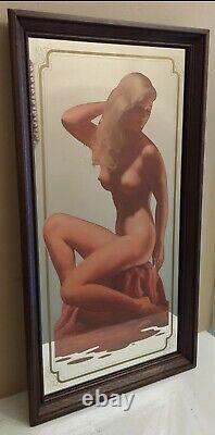 VINTAGE 1970'S RARE PIN UP ART GLAMOR GIRL MIRROR BAR MAN CAVE DECOR 14 x 26