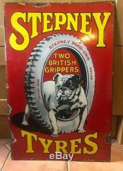 VINTAGE ENAMEL SIGN Stepney Tyres Very Rare Original Sign Two British Grippers