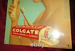 VINTAGE RARE ORIGINAL COLGATE TOOTHPASTE LITHO TIN ADVERTISING SIGN FROM 60s