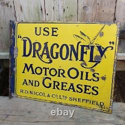 Very Rare Early Dragonfly Motor Oil Enamel Sign Original Automobilia Double side