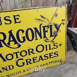 Very Rare Early Dragonfly Motor Oil Enamel Sign Original Automobilia Double side