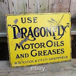 Very Rare Early Dragonfly Motor Oil Enamel Sign Original Automobilia Double side