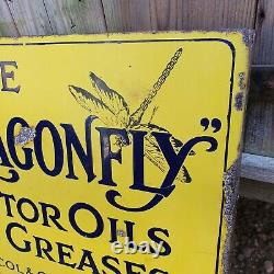 Very Rare Early Dragonfly Motor Oil Enamel Sign Original Automobilia Double side