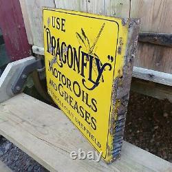 Very Rare Early Dragonfly Motor Oil Enamel Sign Original Automobilia Double side