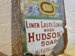 Very Rare Vintage Antique Small Hudson's Soap Enamel Wall Sign / Fingerplate