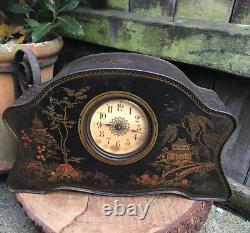 Vintage 1920/30 rare NOVELTY BISCUIT TIN CLOCK mantel Chinese cloisonné oriental