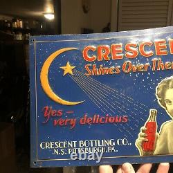 Vintage 1920's Crescent Beverages Soda Pop Embossed Metal Sign RARE