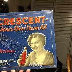 Vintage 1920's Crescent Beverages Soda Pop Embossed Metal Sign RARE