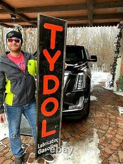 Vintage 1920's Vertical Tydol Gasoline Gas Oil Rare Sign With wood Frame 72X15in