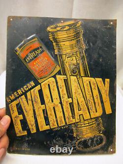 Vintage American Eveready Batteries Tin Sign Advertising Embossed Torch Rare