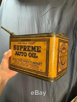 Vintage Antique RARE Gulf Supreme Auto Oil One 1 Gallon Oil Spout Can