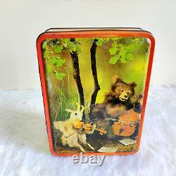 Vintage Bear & Goat Playing Violin Graphics Confectionery Tin Box Old Rare TN93