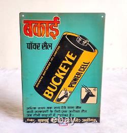 Vintage Buckeye Power Cell Battery Advertising Tin Sign Board Rare Collectible